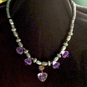 22” silver and lilac heart necklace.